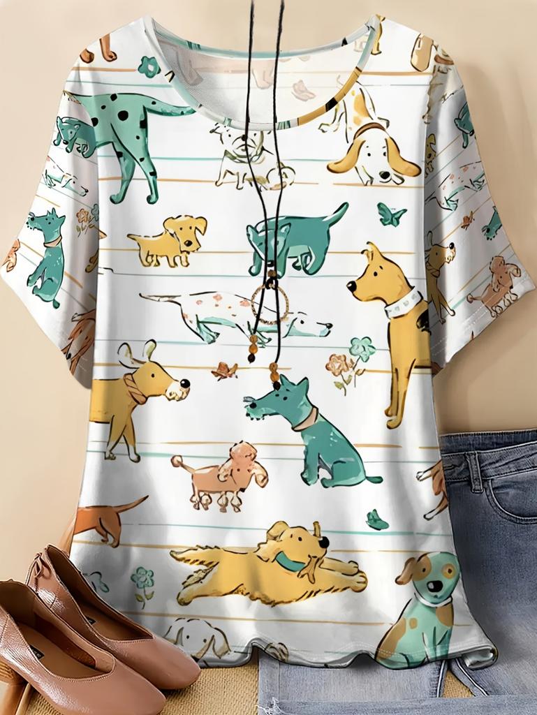 Vintage Summer Women's T-Shirt Dog Graphic Tee O Neck Short Sleeve Tees Female Streetwear Y2k Oversized T-Shirts Women's Tops