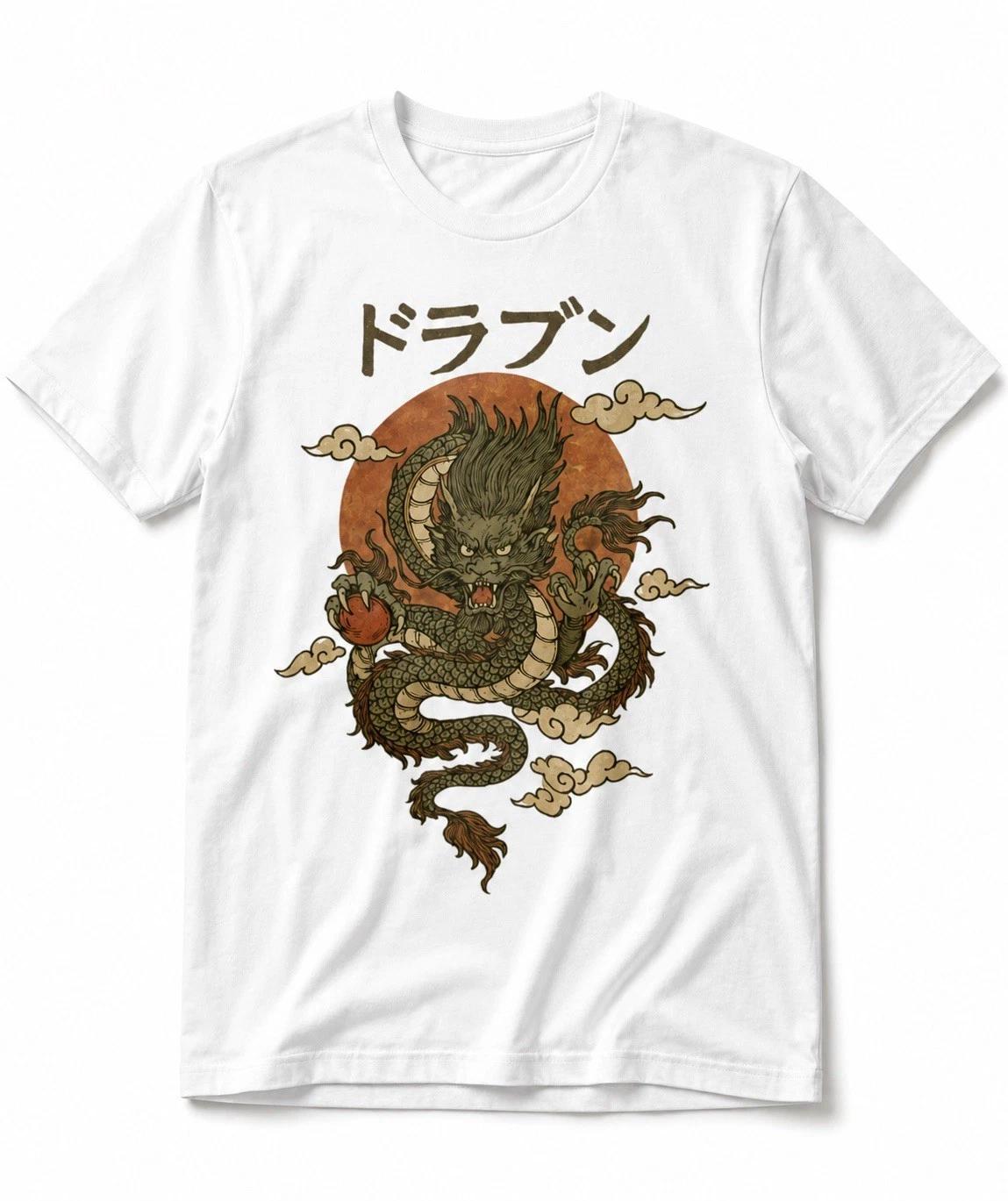 Retro Japanese Dragon T-Shirt Ink Art Sumi-e Style Red Sun Vintage Graphic A74 S