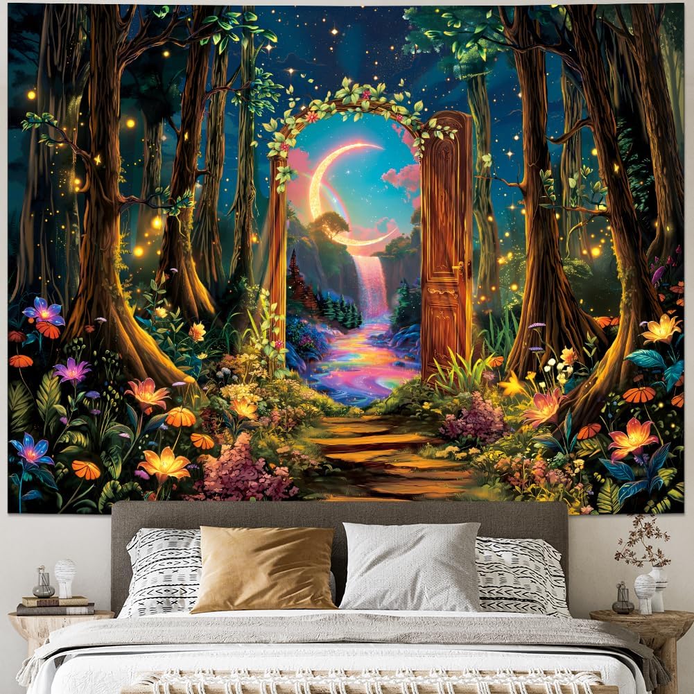 Heynvioo Blacklight Forest Tree Tapestry UV Reactive Moon Tapestry Trippy Galaxy Space Tapestries Fantasy Landscape Tapestries Aesthetic Plant Wall