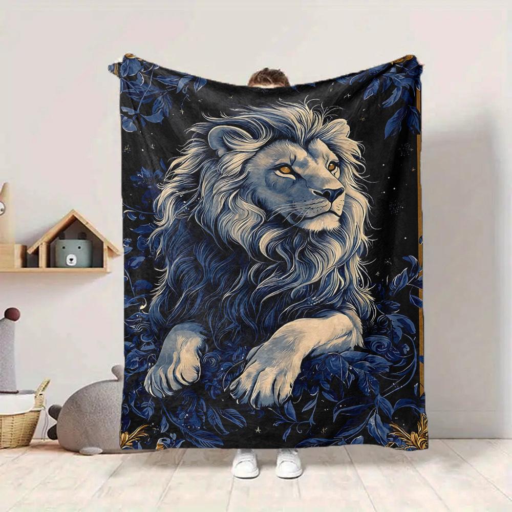1pc Lion Floral Print Blanket - Lightweight Flannel Throw Blanket For Sofa, Bed, Living Room, Office, Outdoor Travel, Camping, Soft All-Season087