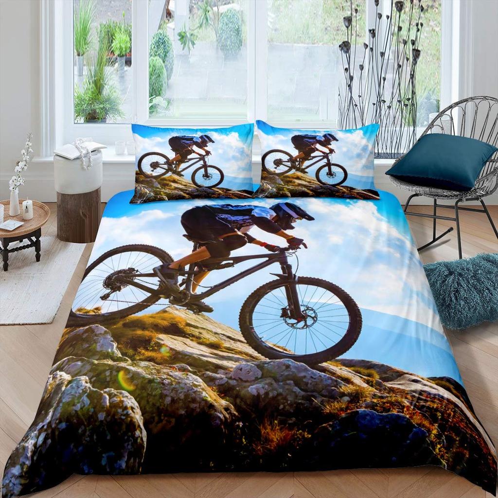 Bicycle Duvet Cover Set Motocross Racer Bedding Set King Size Mountain Bike Comforter Cover Extreme Speed Sports Bedspread Cover