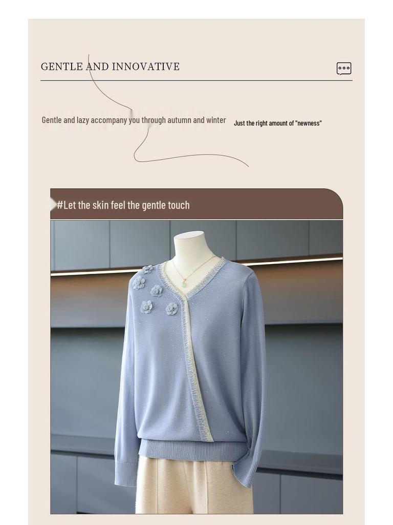 Mom's 2025 Autumn V-Neck Knitted Top - Fashionable Base Shirt for Middle-aged and Elderly Women