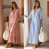 Maxi Shirt Dress Women Striped Long Sleeve Dress V-Neck Collar Soft for Summer Autumn Breathable Loose Fit Casual Elegant