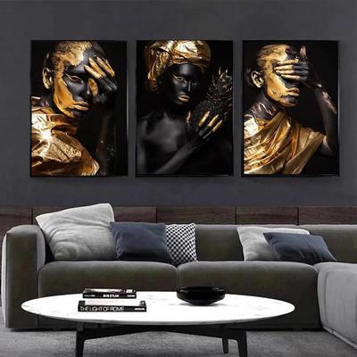 Pittura su tela per ragazze africane dorate di bellezza Ragazze nere che compongono poster e stampe Immagine artistica da parete per la decorazione del soggiorno