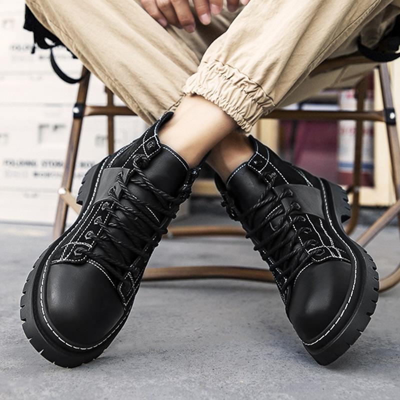Color Matching Lace-up Platform Locomotive Boots Men's Trendy Casual Leather Boots Spring and Autumn Fashion Wear-resistant Tooling Shoes