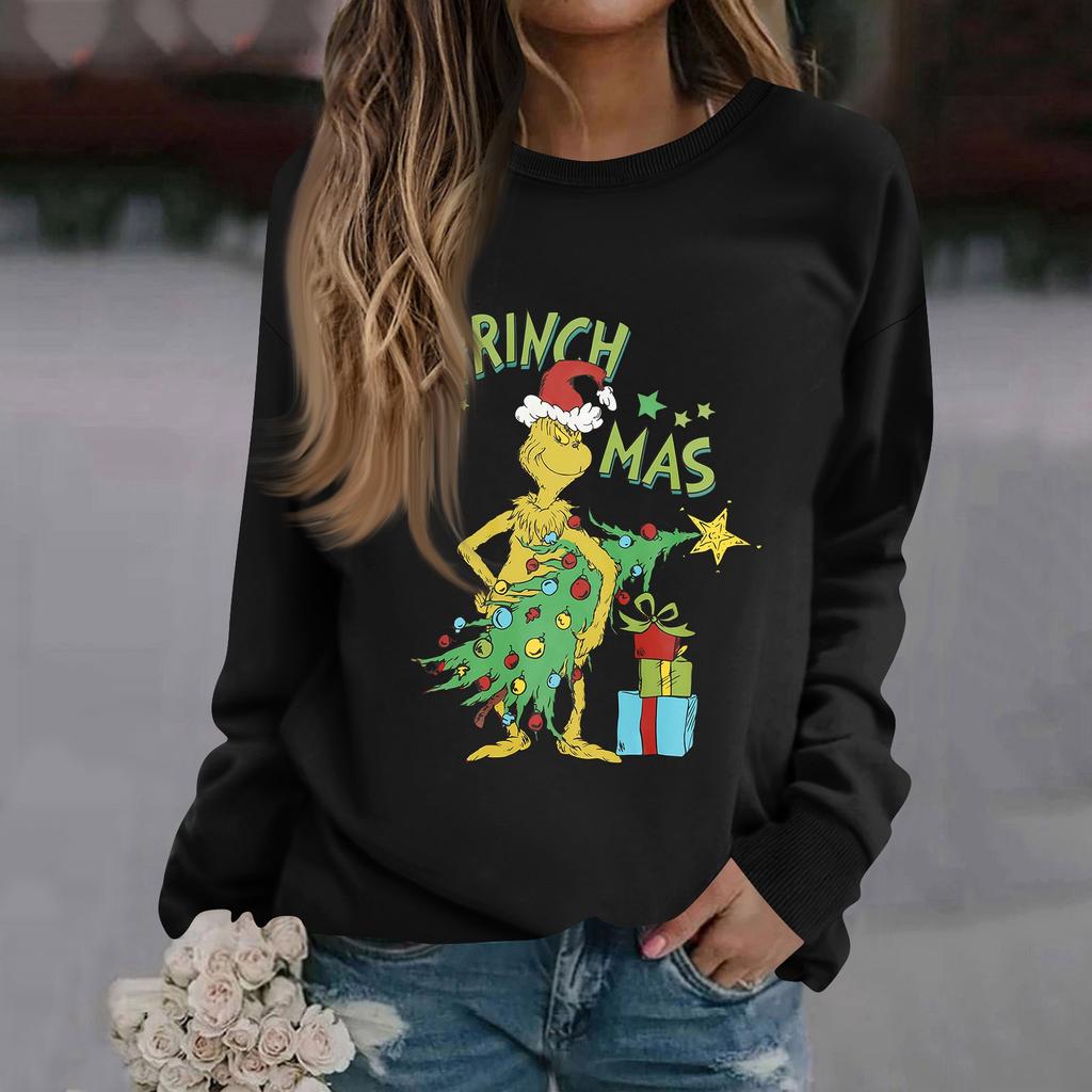 Women's Fashion Casual Long Sleeve Solid Color Christmas Printed Round Neck Top Sweatshirt