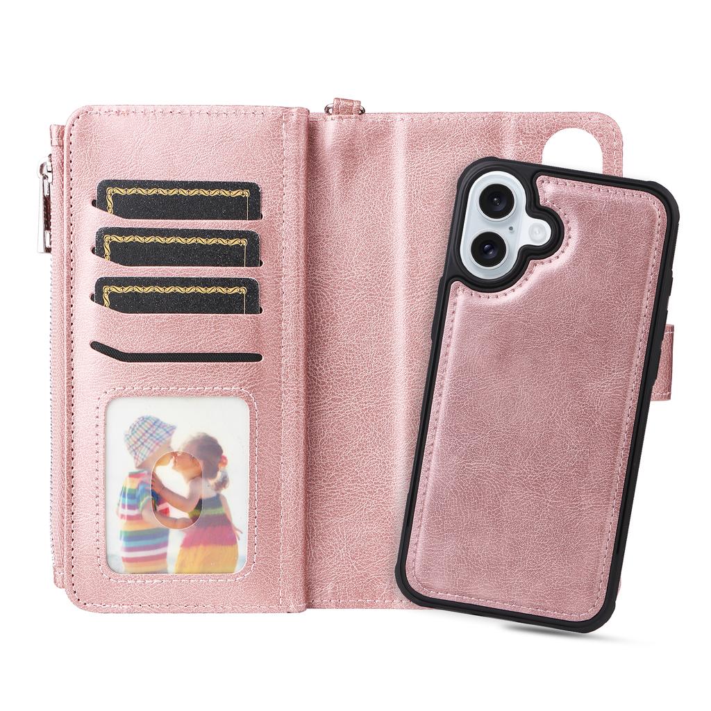 For iPhone 16 Plus Magnetic Leather Case Mobile Cover with Detachable Zipper Wallet Strap