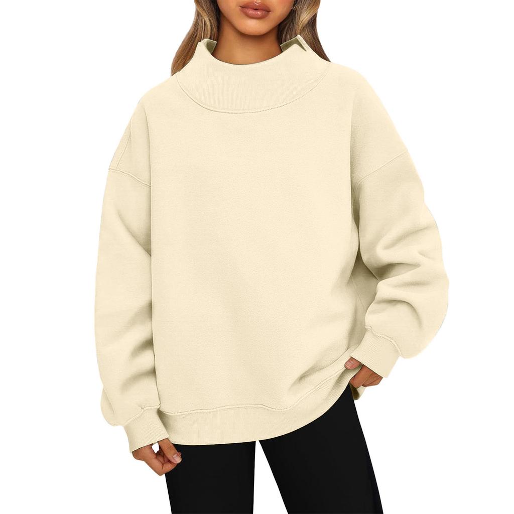 Ladies' Fashionable Loose High Neck Long Sleeved Solid Color Hoodie Top Pullover