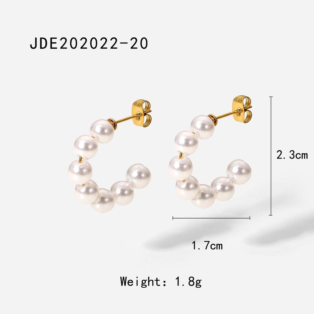 18K Gold Plated Large Pearl C-Shaped Hoop Earrings - 20mm Stainless Steel European and American INS Style for Women.