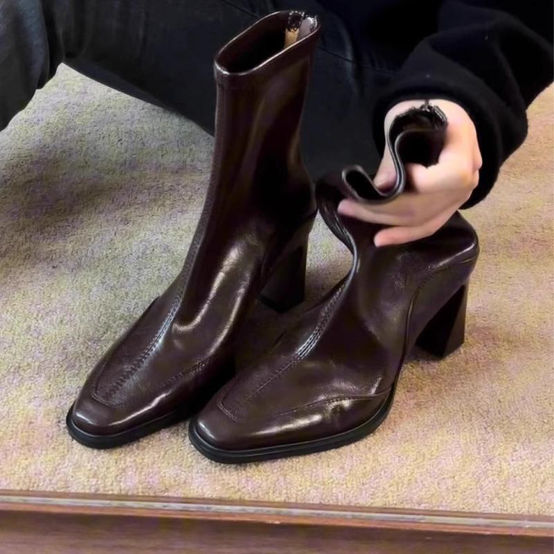 Autumn and winter new retro thin boots high heel thick heel short boots women's small square head elastic boots