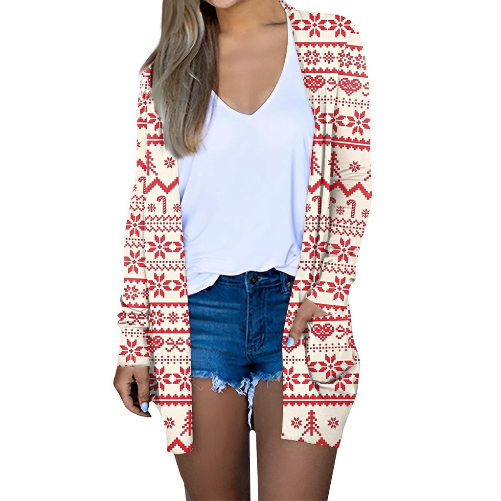 Women's Fashion Casual Christmas Print Medium Length Cardigan Jacket Coat