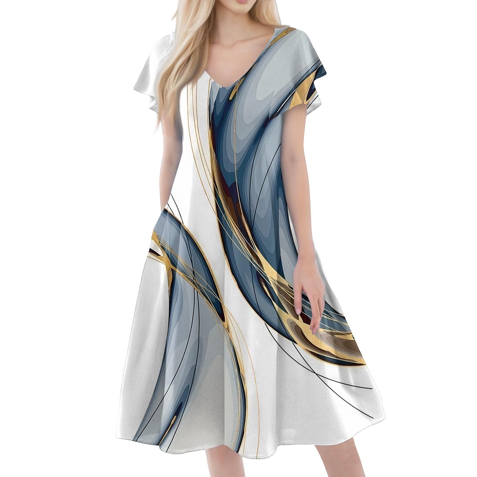 

Женское повседневное модное платье с V-образным вырезом, короткими рукавами, принтом и карманами XXL серебряный