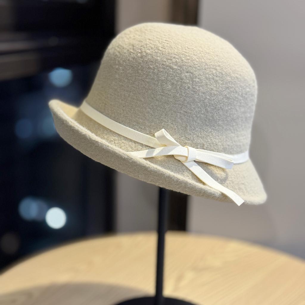 Bow Basin Hat Woolen Hat Autumn and Winter Fashion Versatile Fisherman Hat Retro Top Hat Round Face showing Small Hat Trendy for Women