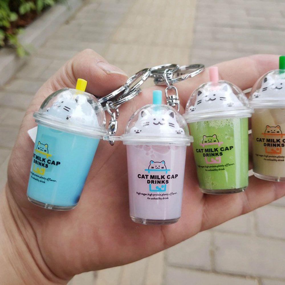 Women Floating Liquid Fruit Milk Tea Cute Cat Cup Key Ring Jewelry Fashion Accessories Key Chain