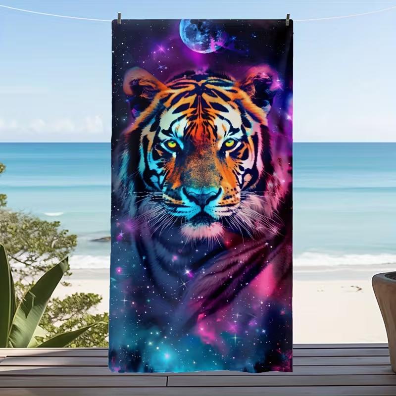 Mystical Galaxy Lion Beach Towel Cosmic Night Sky Moon Lion Print Oversized Towel Quick Dry Absorbent Lightweight Beach Blanket