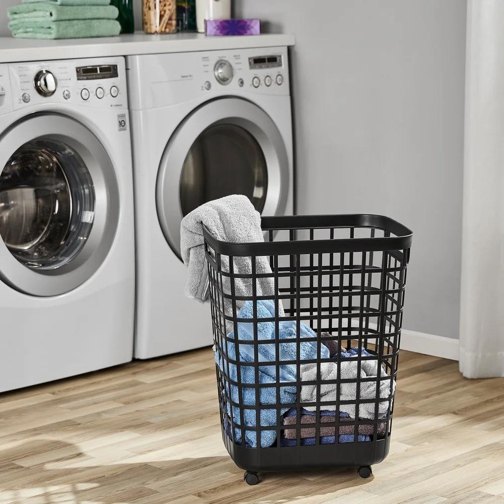 Rolling Laundry Hamper 2.6 Bushel Open-Top Plastic with Casters Lightweight Rectangular Ventilated Design Easy Mobility and