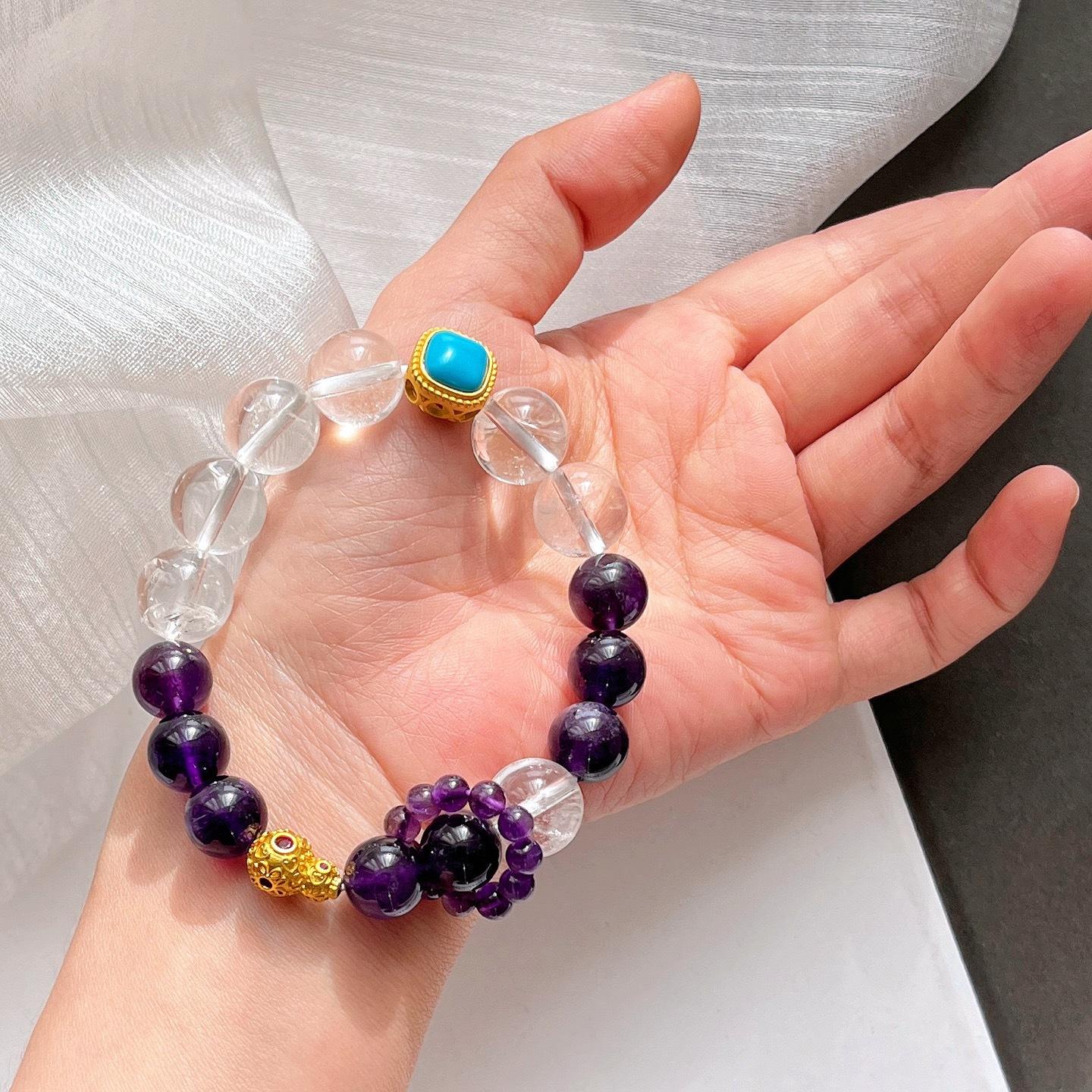 

High Quality Grape Purple Natural Amethyst White Crystal Design Bracelet