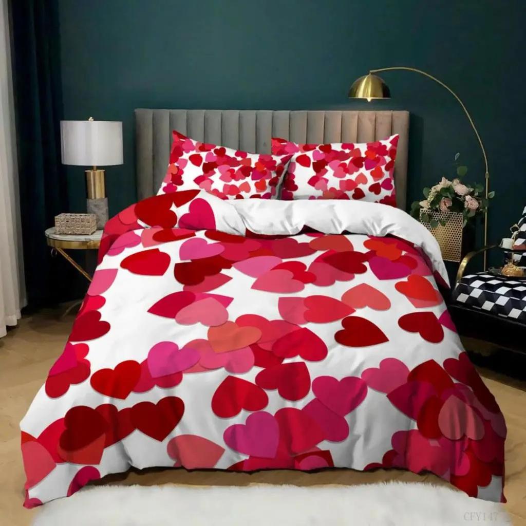 Red Hearts Soft Duvet Cover Set Quen Sized Dimensions, Red plus White Love Beding Set,Romantic Valentine Warm Comforter Cover Set,Couple Hearts Love