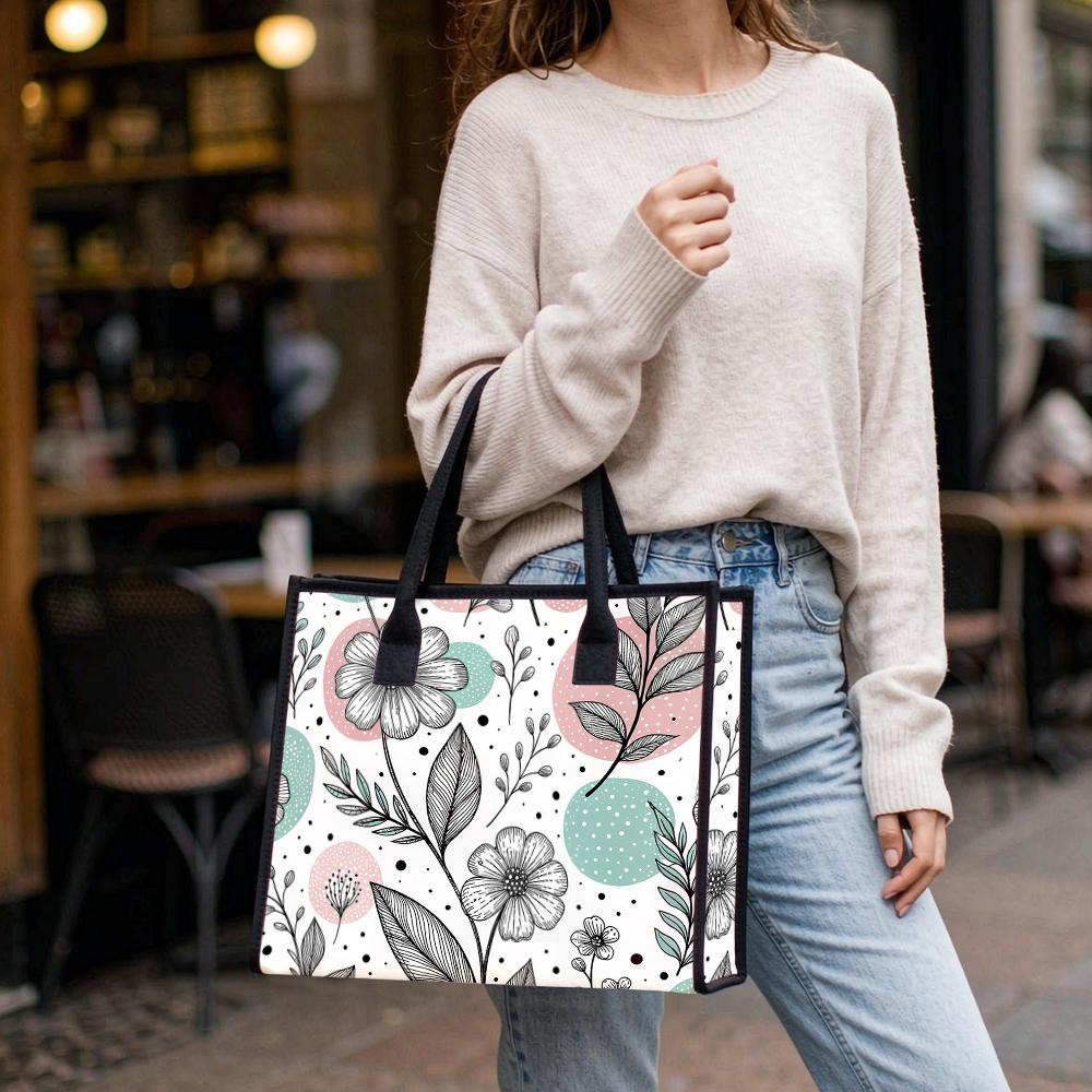 Aesthetic Floral Print Tote Bag Fashion Daily Use Casual Shoulder Bag for Women Lightweight Reusable Shopping Handbag