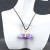Single Gold Wrapped Double Terminated Crystal Point Pendant 36*13mm Mixed Gemstone Hexagon Wand Necklace 45+5cm Extendable Cord For Spiritual Decor