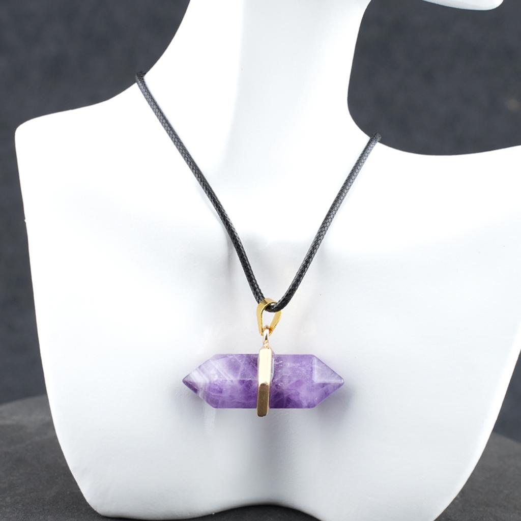 Single Gold Wrapped Double Terminated Crystal Point Pendant 36*13mm Mixed Gemstone Hexagon Wand Necklace 45+5cm Extendable Cord For Spiritual Decor