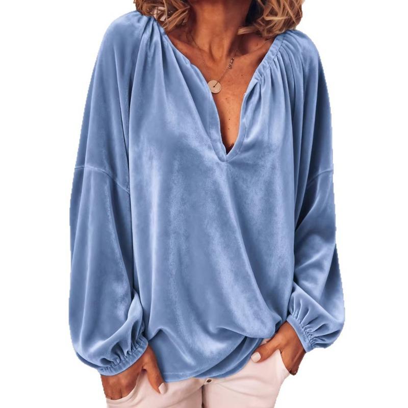 Fall Winter Velvet V Neck Blouse Long Sleeve Lantern Sleeve Loose Fit Casual Top
