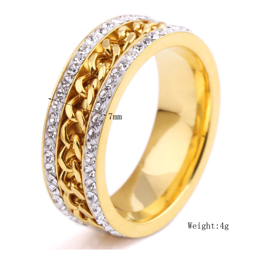 European-American Fashion Gold Twisted Chain Ring with 7MM Dual Diamond Rows in Stainless Steel