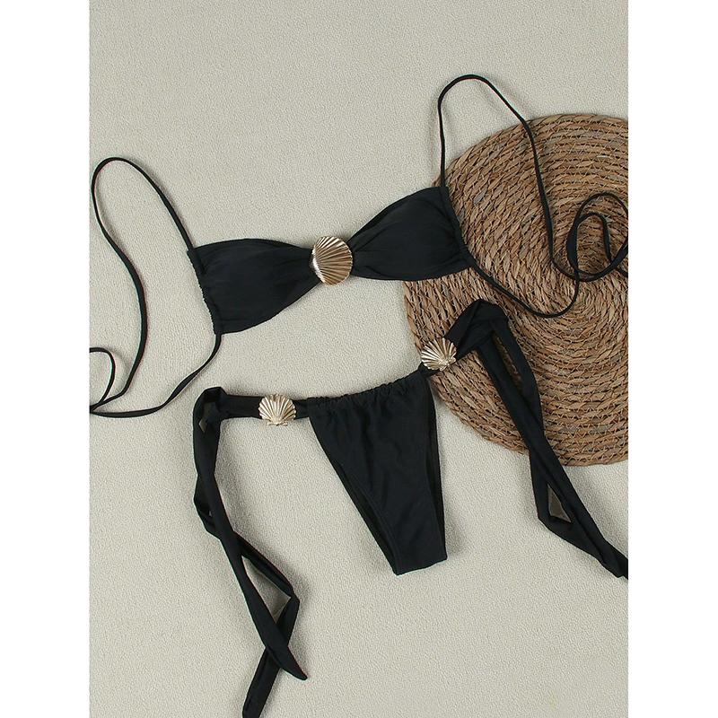 Push-Up Zweiteilige Bikinis Damen Badeanzüge Bademode Sexy Muschel Set Tanga Biquini Badeanzug Unifarben Strandmode