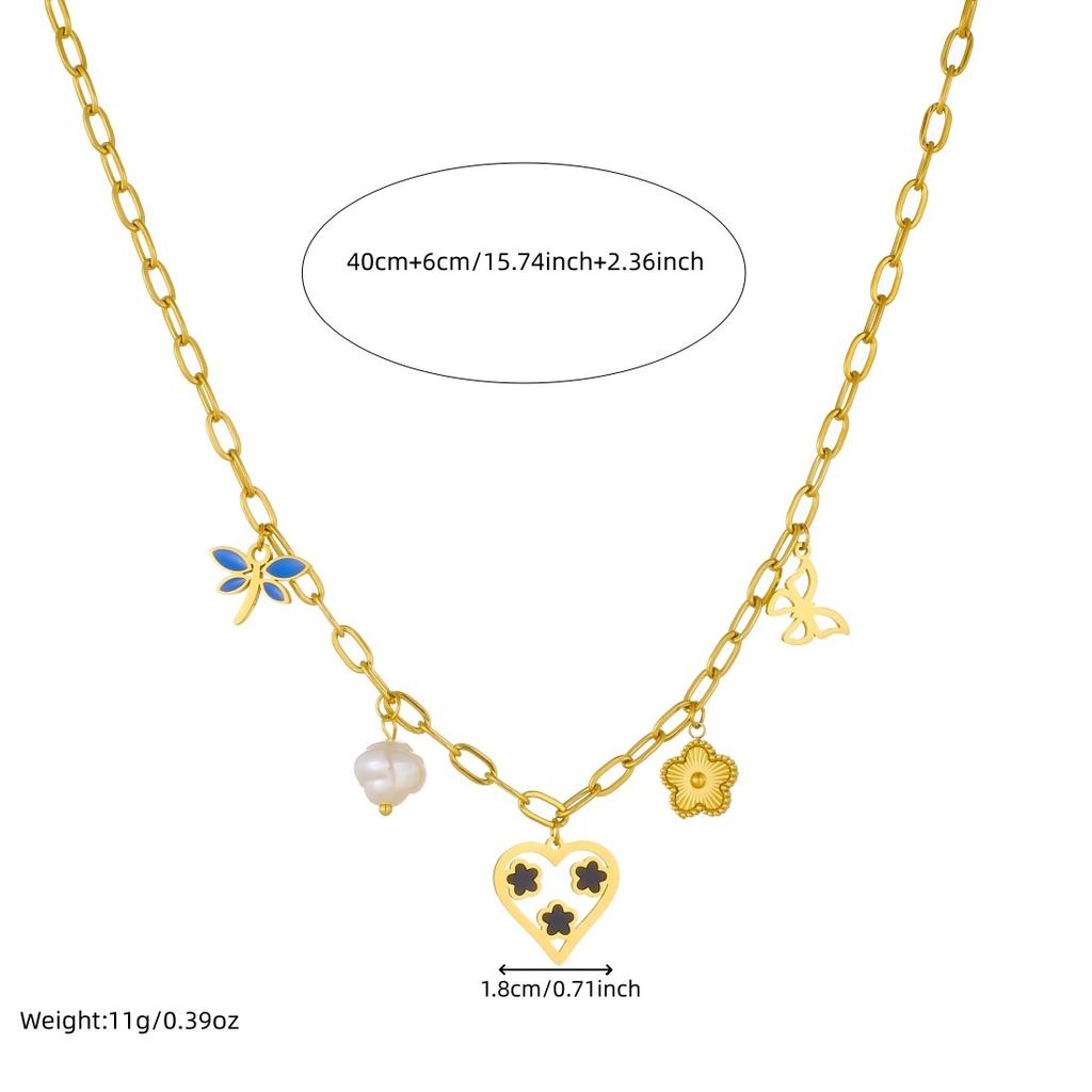 316L Stainless Steel Creative Design 5-Leaf Flower Hollow Heart Butterfly Dragonfly Necklace Women Classic Neck Chain