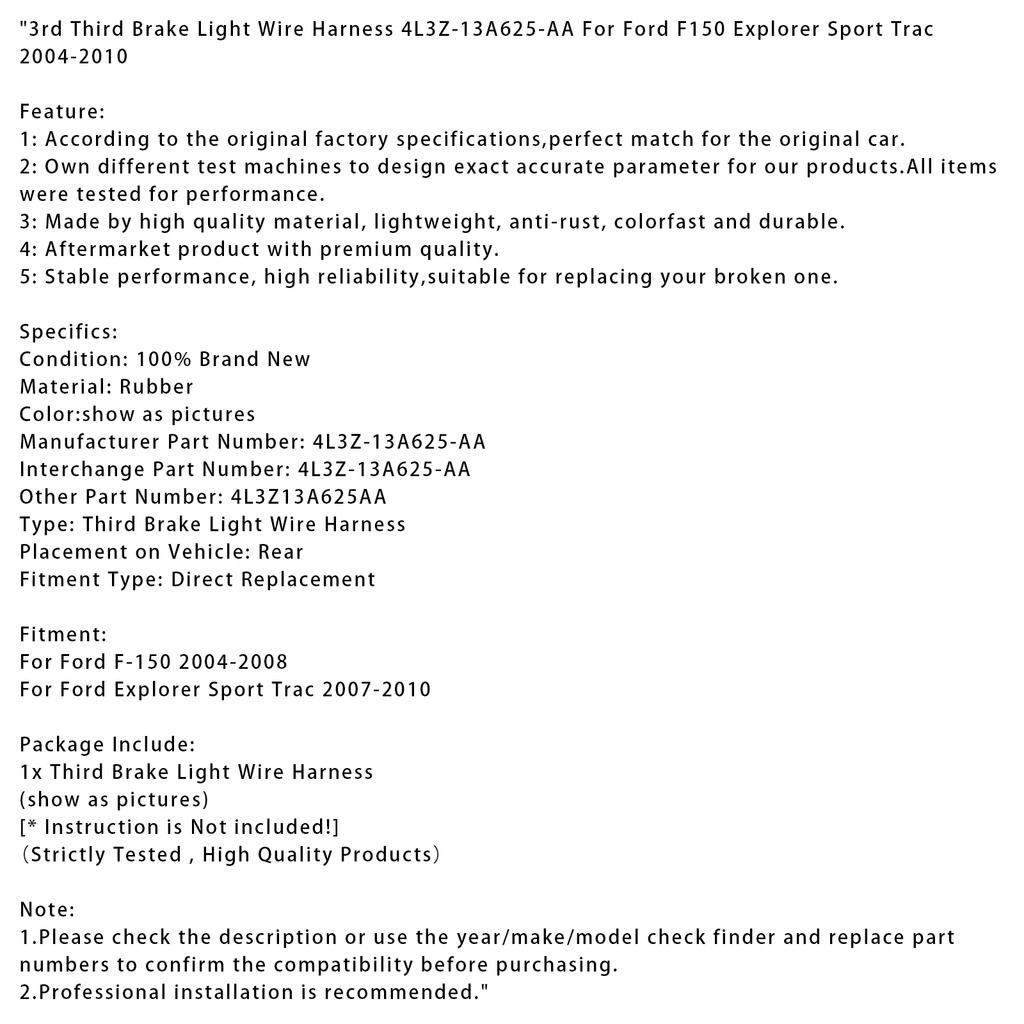 3rd Third Brake Light Wire Harness For Ford F150 Explorer Sport Trac 2004-2010