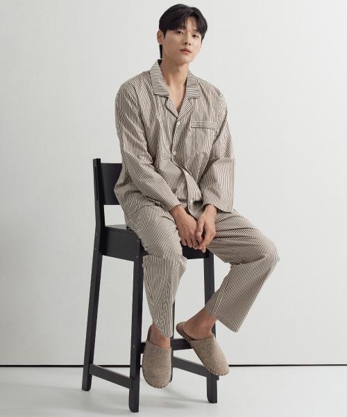 [May Flower] Khaki Style Long Sleeve Pure Cotton Men's Plus Size Pajama Set [Shipped from Korea] 100% Authentic