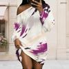 Women Plus Size Off Shoulder Long Sleeve Blue Gold Marble Print Loose Short Dress