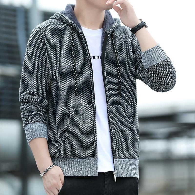 Knitted Sweater for Young and Middle-aged Men Cardigan Jacket Plus Velvet Thickened Hooded Solid Color Sweater