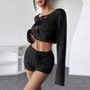 Lässige Strickshorts Anzüge Damen O-Ausschnitt Lange Ärmel Bandage Tops Sets Weiblich 2025 Frühling Sommer Dame Strandsets 2-teilig