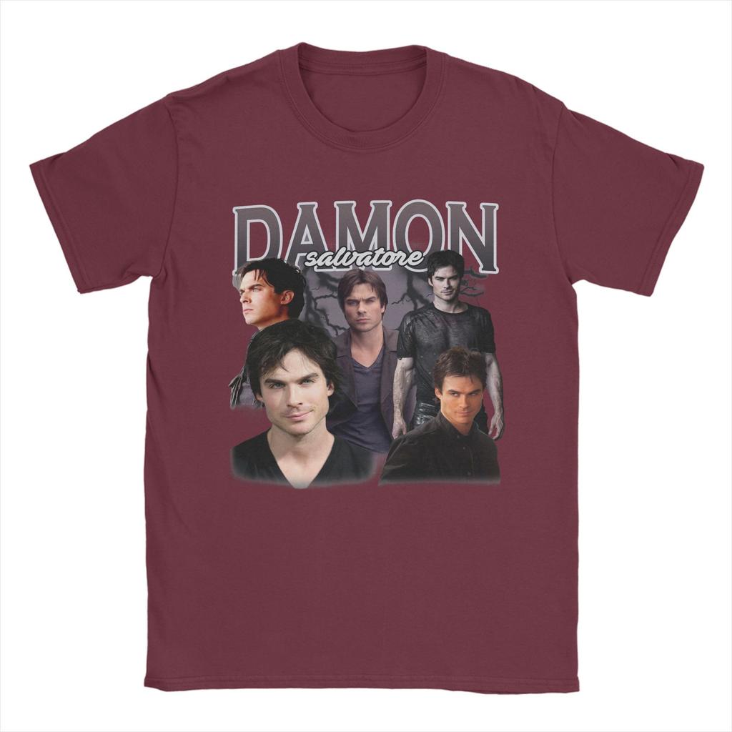 Damon Salvatore TShirts for Unisex Crewneck Pure Cotton T Shirts The Vampire Diaries Ian Somerhalder Short Sleeve Tees Clothing