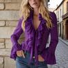 Women Shirt V-neck Ruffle Trim Flared Long Sleeve Casual Tops Pure Color Office Lady