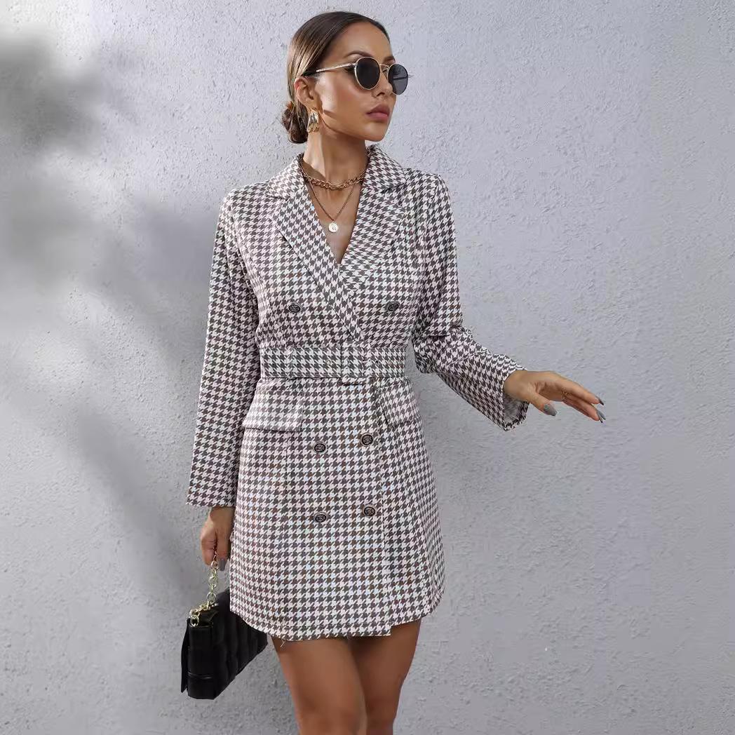 

GMXIA Женская мода осень-зима клетчатый принт длинный рукав поло воротник высокая талия повседневные платья XXL хаки