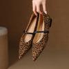 Fashion 2025 Spring Women Flats Pointed Toe Low Heel Sheep Suede Leather Women Shoes Concise Retro Leopard Print Mary Janes Ladies Shoes