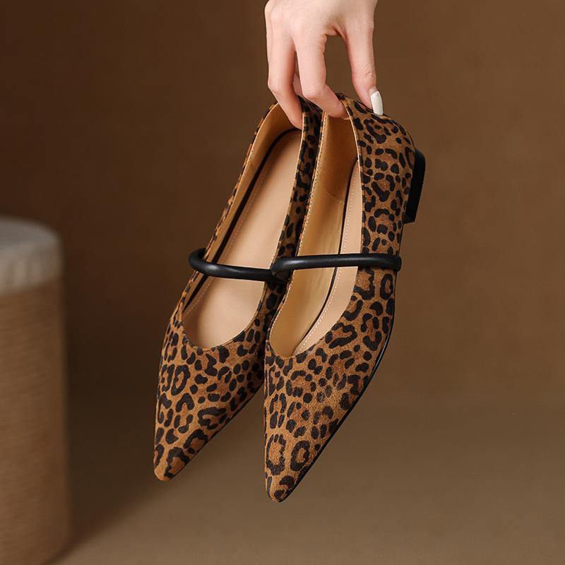 Fashion 2025 Spring Women Flats Pointed Toe Low Heel Sheep Suede Leather Women Shoes Concise Retro Leopard Print Mary Janes Ladies Shoes