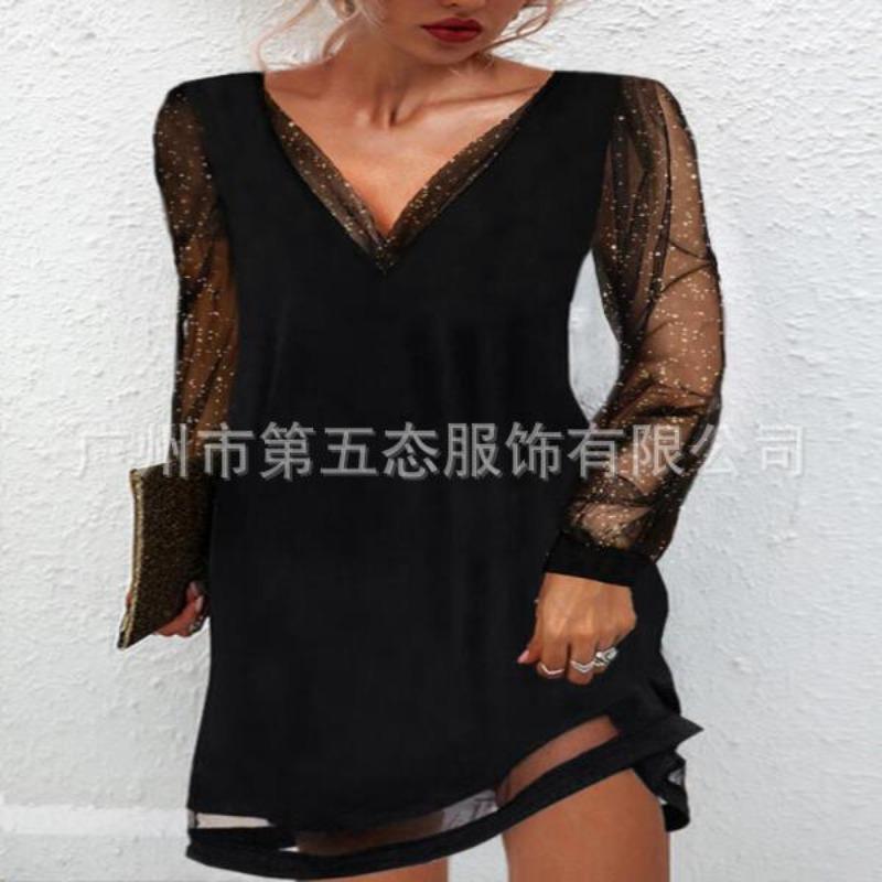 Spring and Autumn New European and American Women's Clothing Sequined Mesh Sleeve V-Neck Pullover Top Fashion Splicing Temperament Dress
