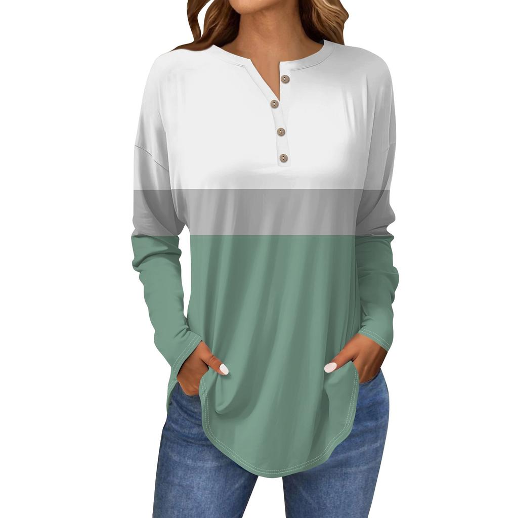 Women's Fashion Loose Button Collar Print Long Sleeve T-Shirt Tops Pullover