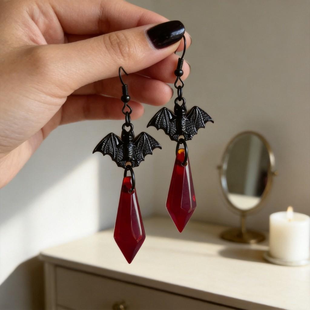 Gothic Style Bat Waterdrop Crystal Earrings For Women With Handcrafted Alloy Design