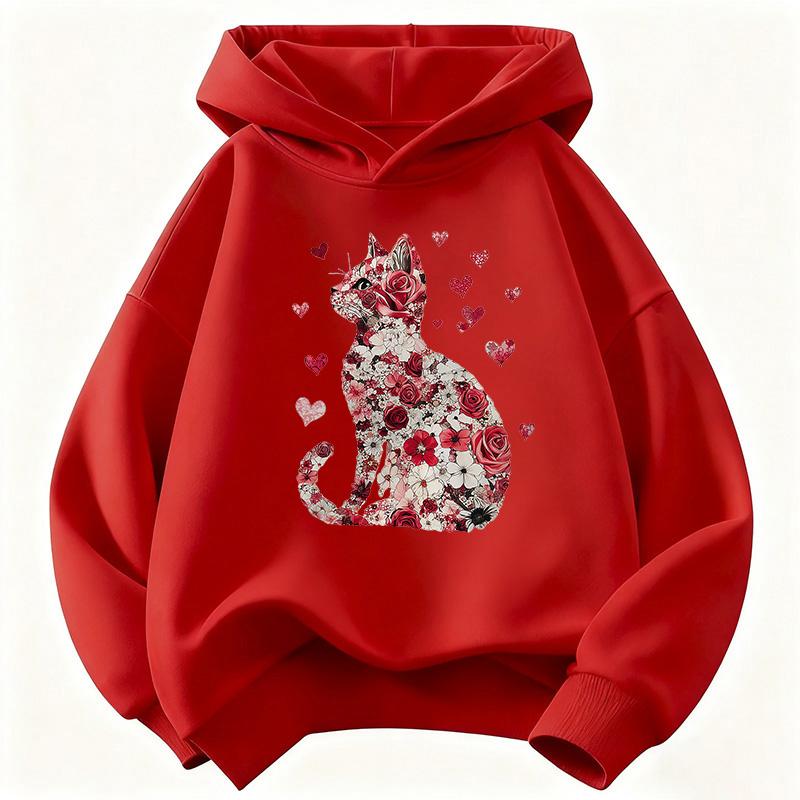 Lover Cat with Flower Deisgn Hooded Kids Children's Sweatshirt Cute Hoody for Boys Girls Autumn Winter Casual Hoodies
