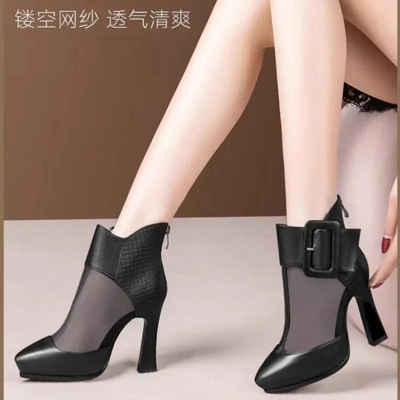 Fashion High Appearance Level Thick Sole Thick Heel Pointed Mesh Fabric Fashion All Comfortable Non-slip Breathable Women's Ankle Boots
