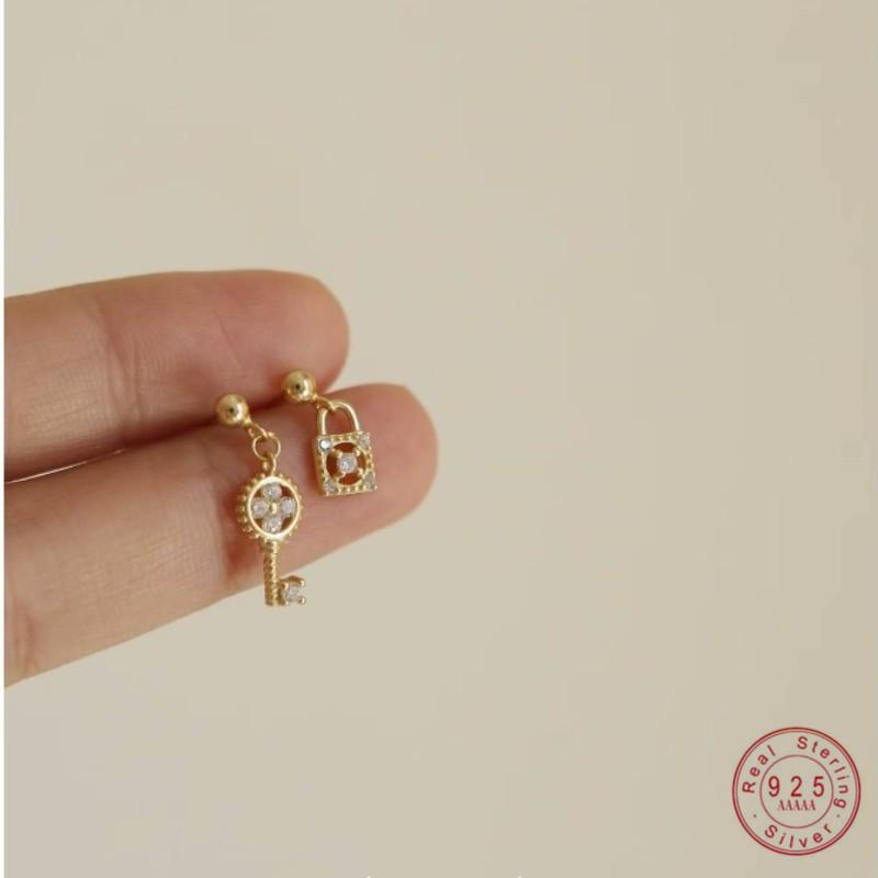 

925 Sterling Silver Plated 14K Gold Inlay Zircon Lock key Asymmetrical Earrings for Women Exquisite Jewelry Gold