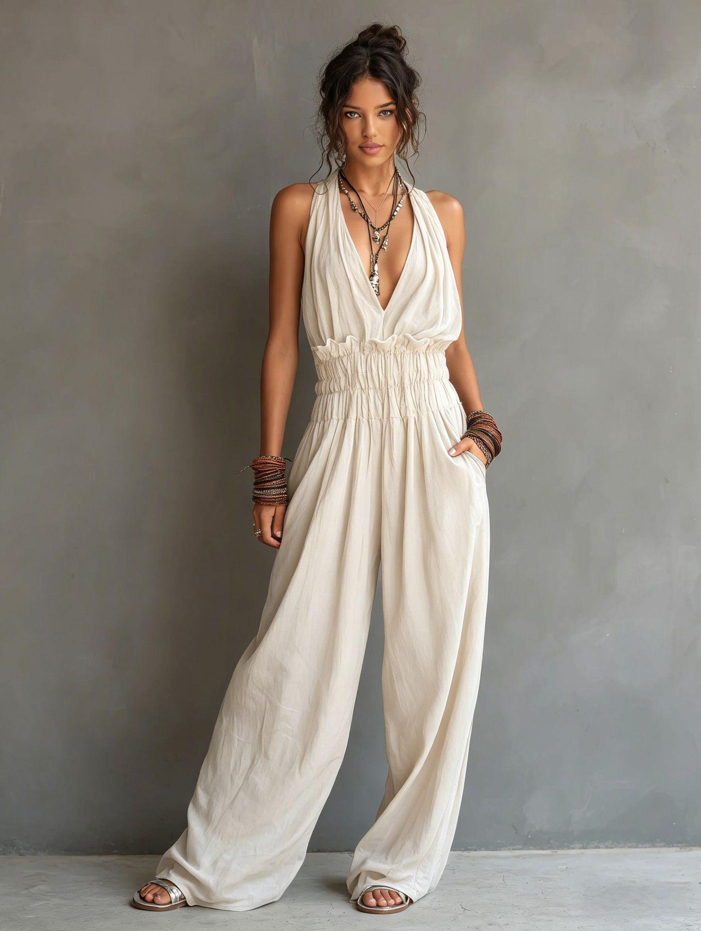 2026 Sommer Strand Resort V-Ausschnitt Neckholder Jumpsuit für Damen white