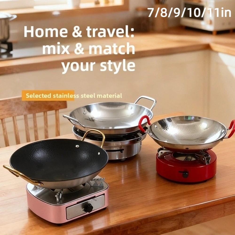 Durable Thickened Stainless Steel Wok Uncoated Windproof Outdoor Cooking Pot 7/8/9/10/11in Easy Clean Bar Stove Commercial