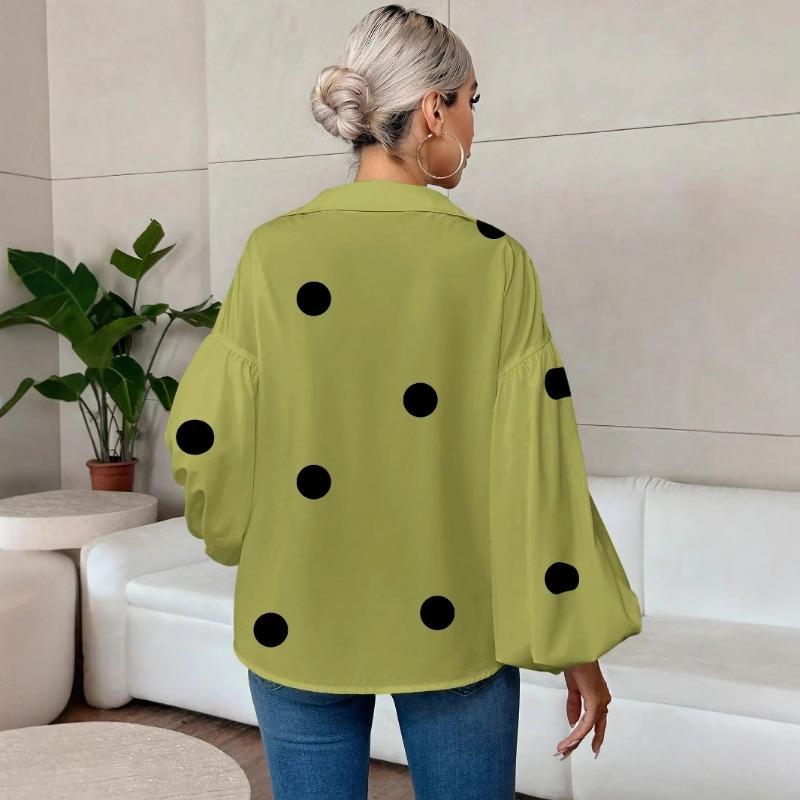 Elegante Blusa da Donna a Pois Larga con Scollo Semiaperto Top Casual a Maniche Lunghe Scollo a V Primavera Autunno Stampata Dolci Camicie Semplici da Ufficio per Signore