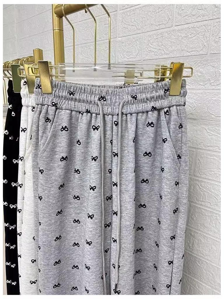 Korean Style Bow Print High Waist Wide Leg Pants for Women - Petite & Slimming, Early Autumn