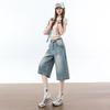 Fashion Summer Loose Straight Blue Denim Cropped Capri Pants Versatile Slimming Minimalist Daily Essential